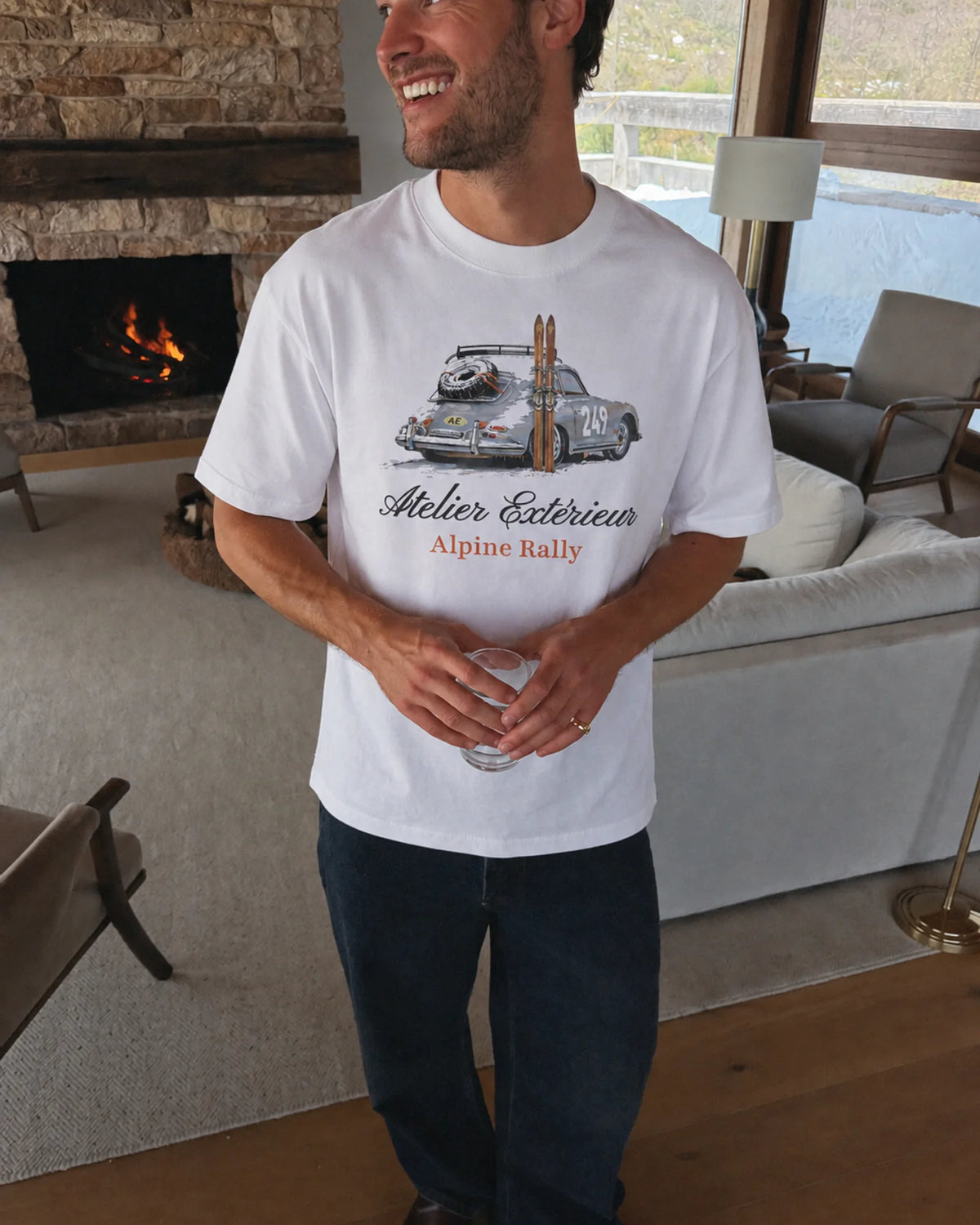 Man wearing the Alpine Rally Tee, on location