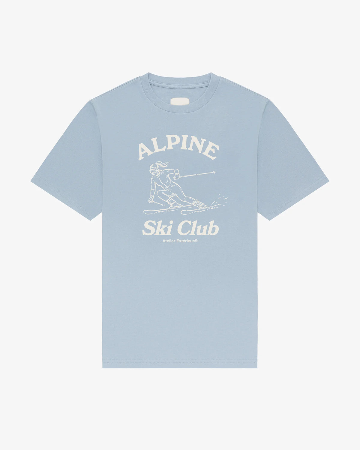 Alpine Ski Club women's tee in baby blue, front view, skier illustration under Alpine Ski Club lettering