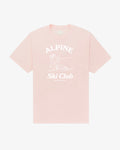 Alpine Ski Club women's tee in pink, front view, skier illustration under Alpine Ski Club lettering