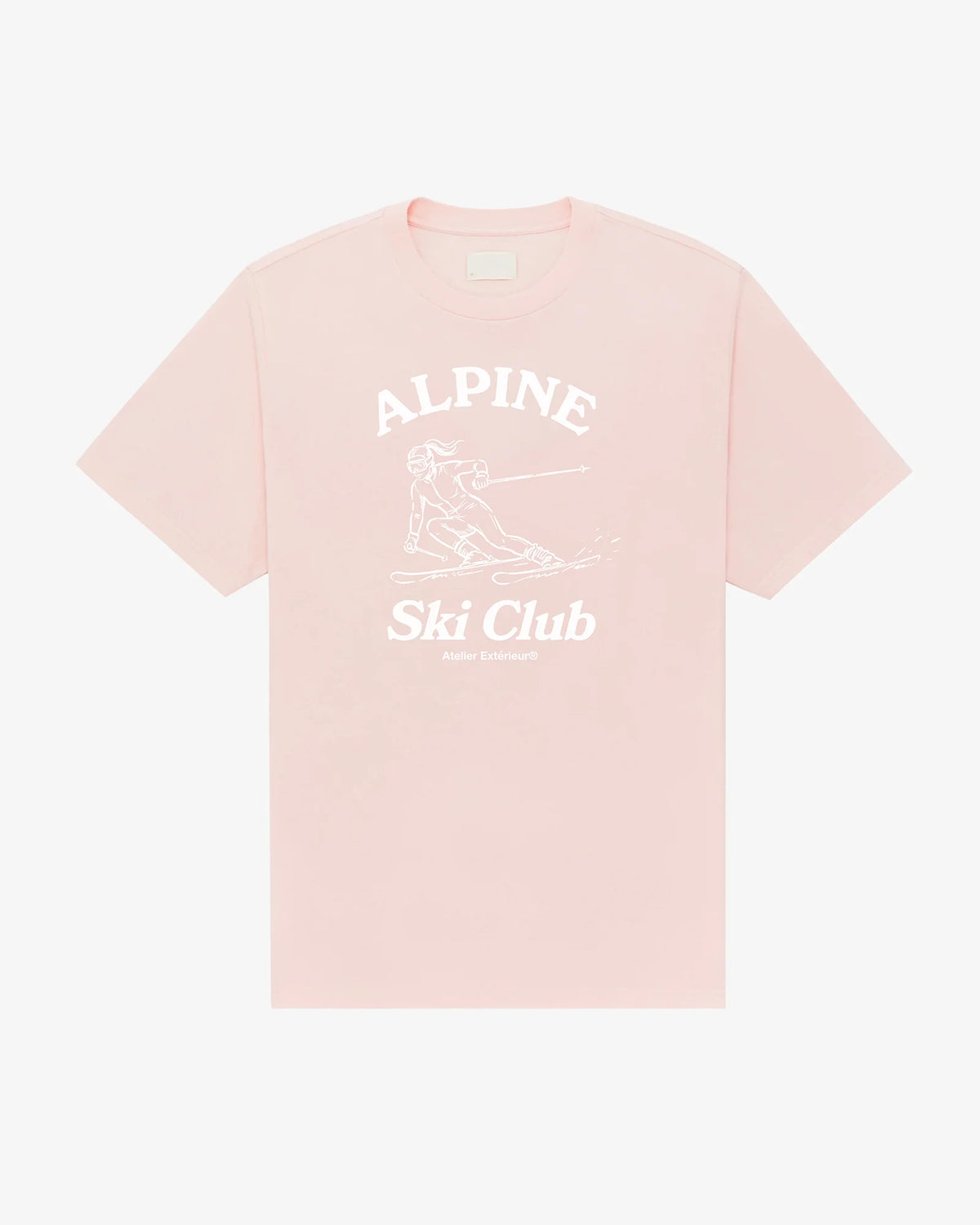 Alpine Ski Club women's tee in pink, front view, skier illustration under Alpine Ski Club lettering