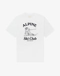 Alpine Ski Club women's tee in white, front view, black skier illustration under Alpine Ski Club lettering