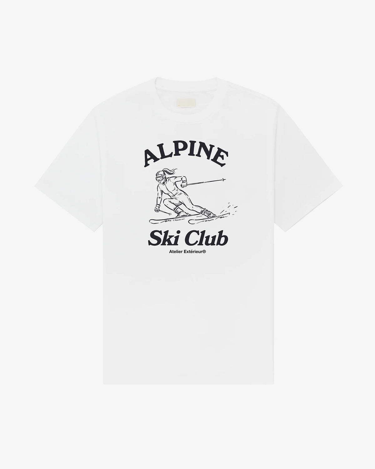 Alpine Ski Club women's tee in white, front view, black skier illustration under Alpine Ski Club lettering