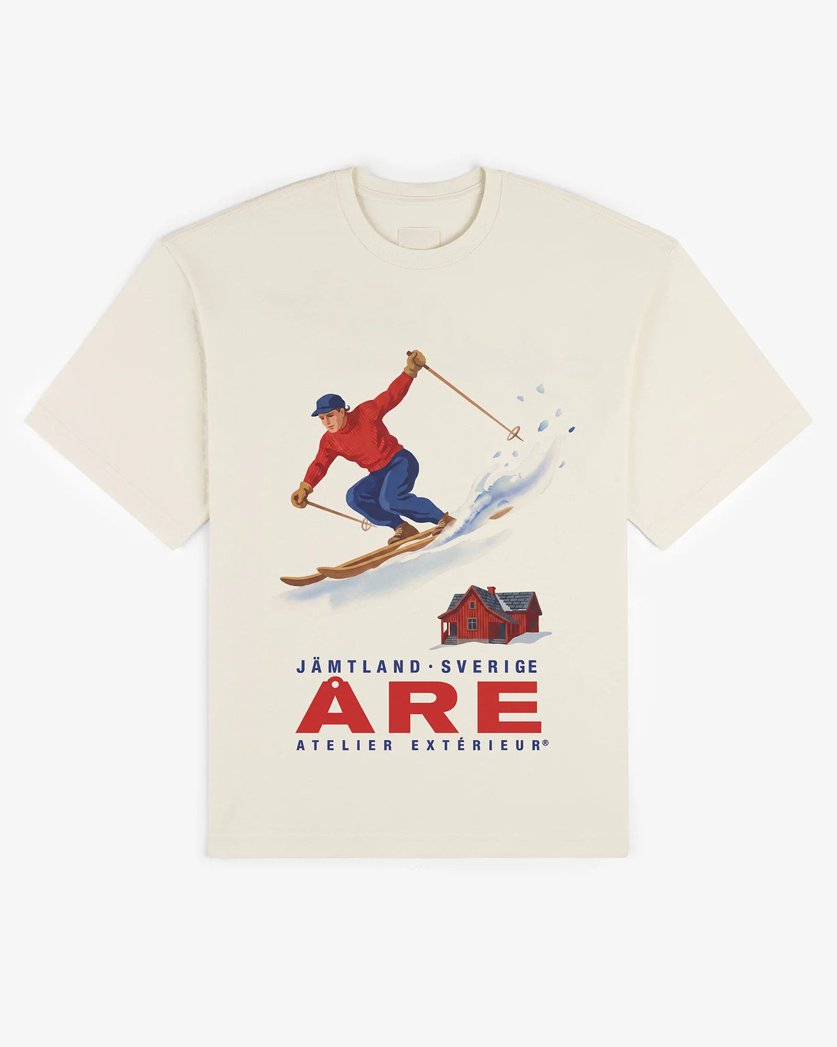 Ecru Åre ski tee with vintage Swedish ski poster print, flat lay - Atelier Extérieur