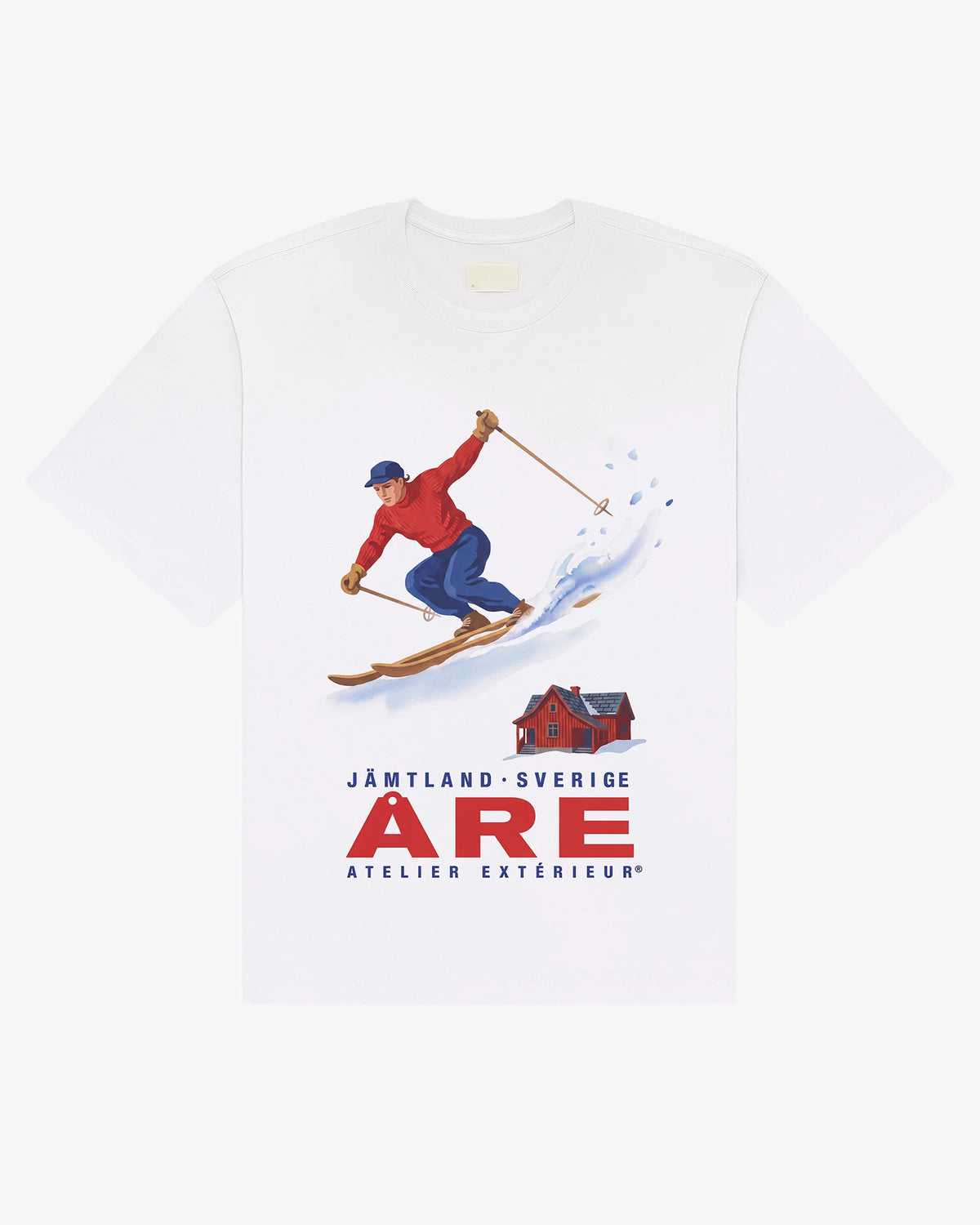 White Åre ski tee with vintage Swedish ski poster print, flat lay - Atelier Extérieur