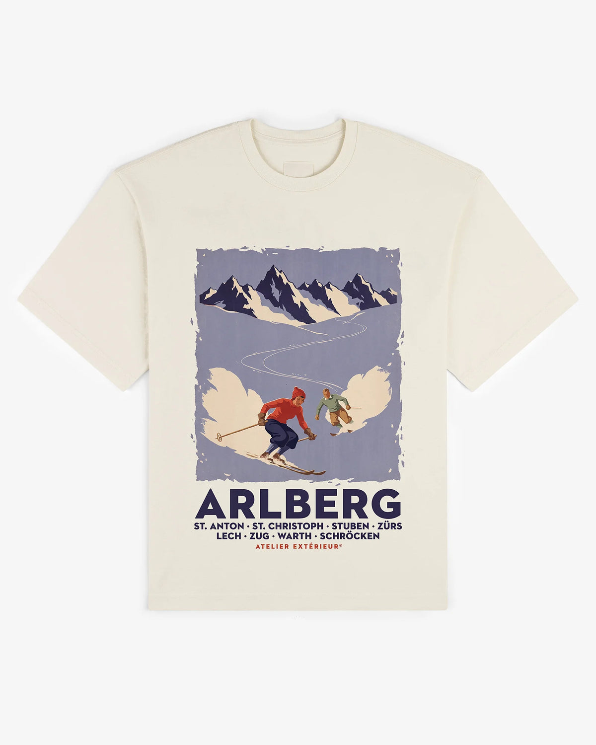 Ecru cotton Arlberg tee, front view, with a vintage Arlberg ski poster print of two skiers below alpine peaks