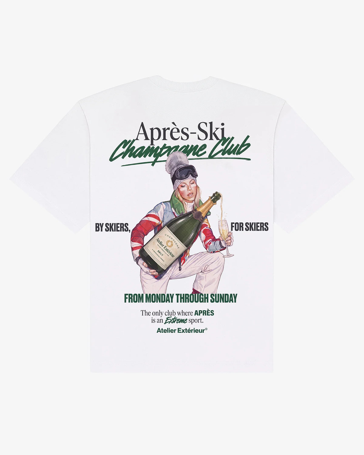 White Après Ski Champagne Club tee, back print, flat lay - Atelier Extérieur
