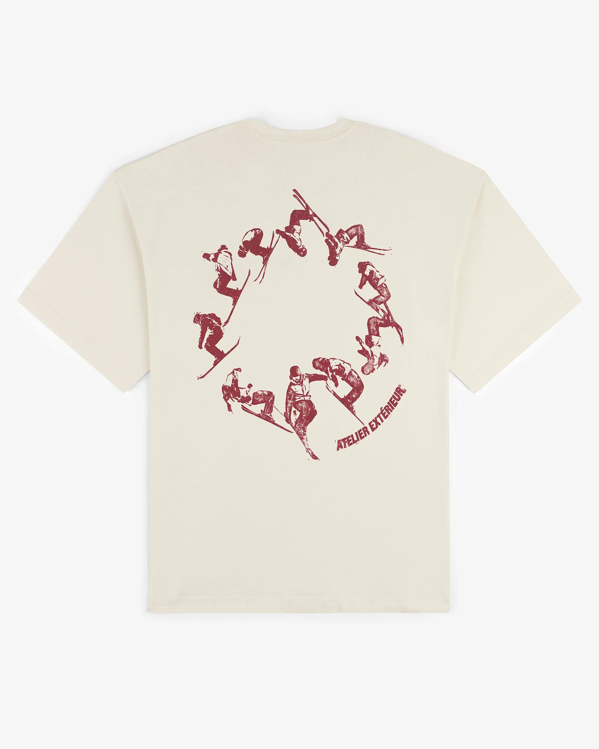 Ecru cotton Backflip tee, back view, with the circular retro freestyle ski backflip graphic