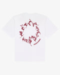 White cotton Backflip tee, back view, with the circular retro freestyle ski backflip graphic