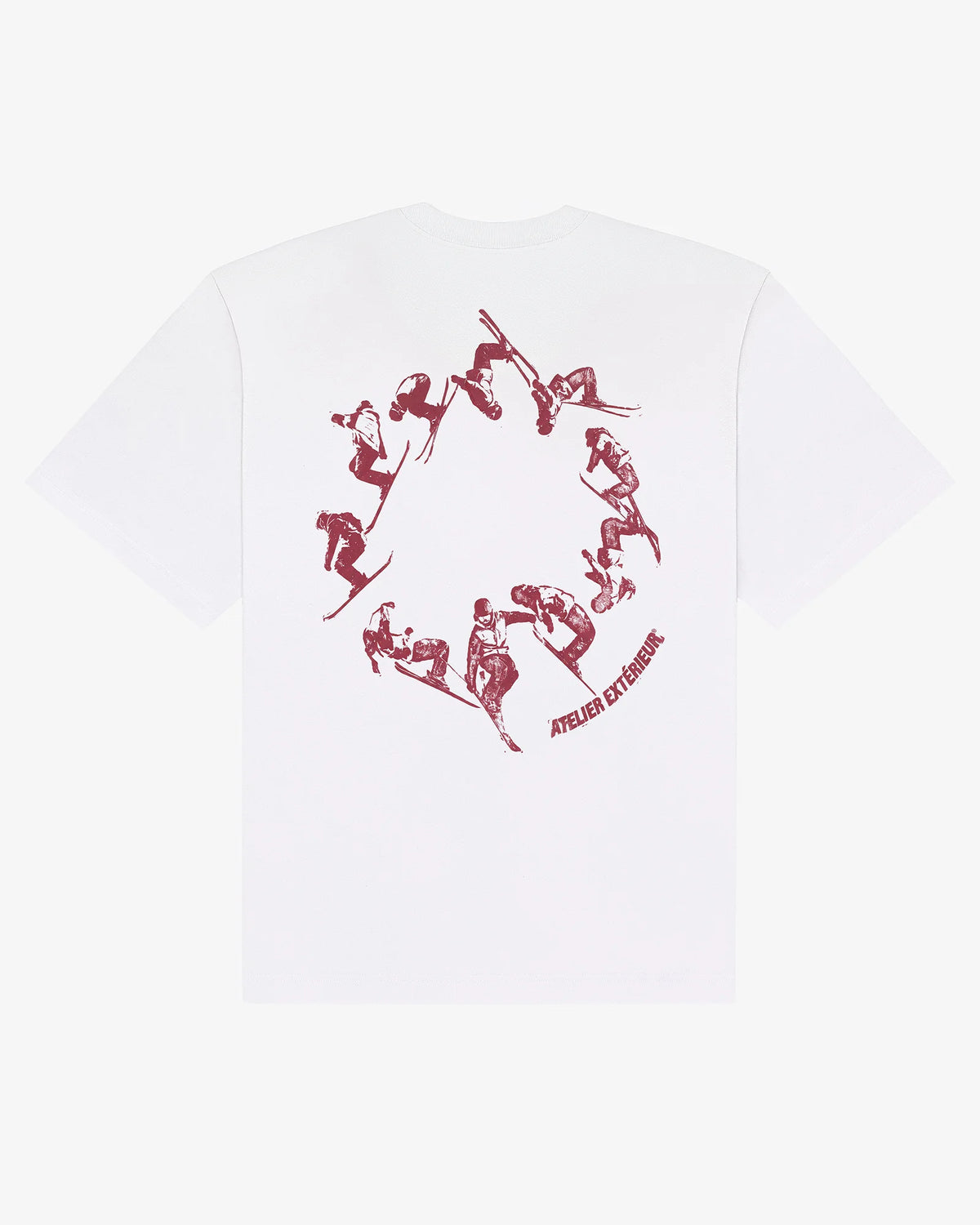 White cotton Backflip tee, back view, with the circular retro freestyle ski backflip graphic