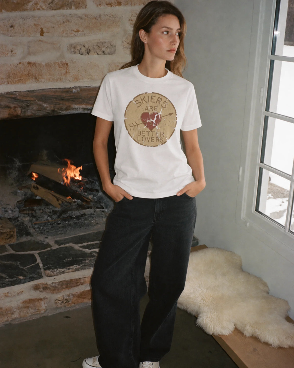 Woman wearing the Better Lovers Tee, on location