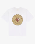 White cotton tee, front view, with a weathered circular Skiers Are Better Lovers badge print
