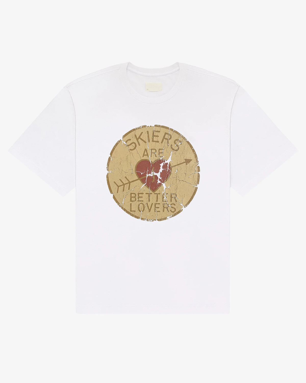 White cotton tee, front view, with a weathered circular Skiers Are Better Lovers badge print