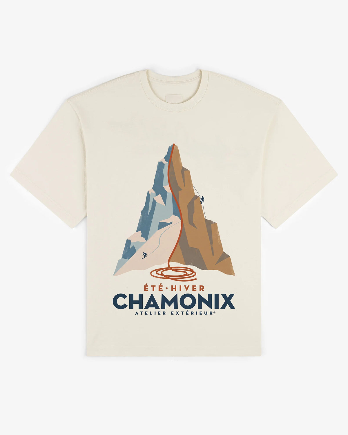 Ecru cotton Chamonix tee, front view, with an Ete Hiver alpine peak graphic showing a skier and a climber
