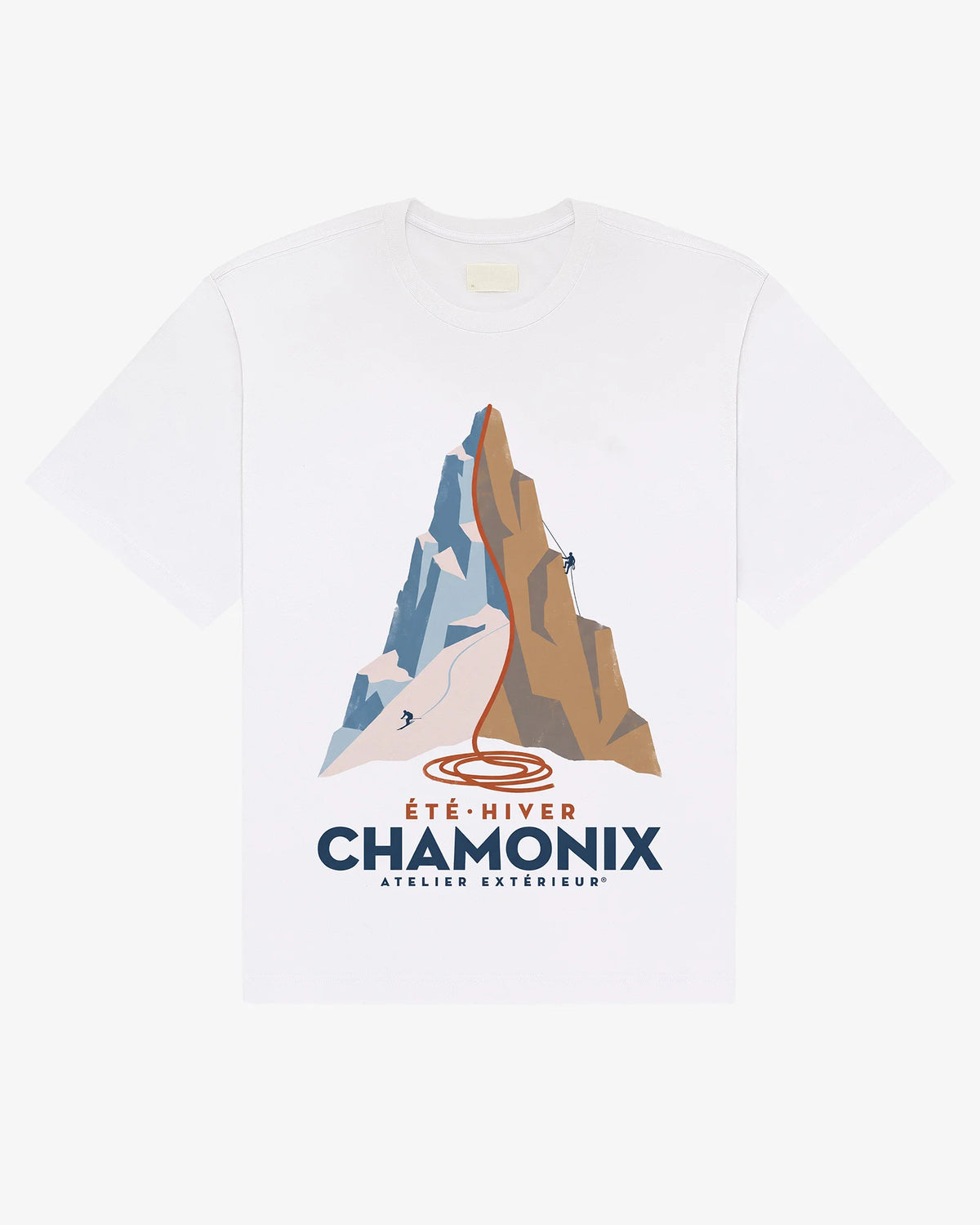White cotton Chamonix tee, front view, with an Ete Hiver alpine peak graphic showing a skier and a climber