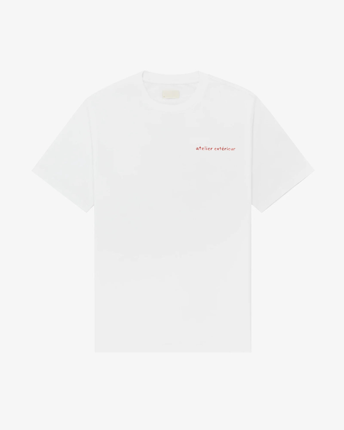 Champagne women's tee in white, front view, small Atelier Extérieur script at the chest