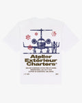 White cotton Charters tee, back view, with a navy private jet and Atelier Extérieur Charters lettering