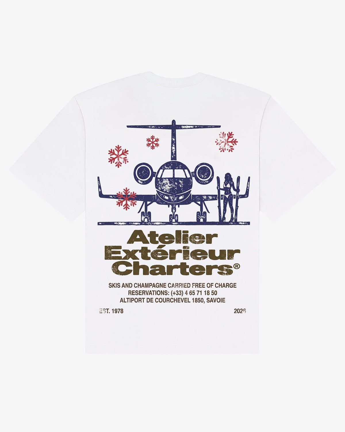 White cotton Charters tee, back view, with a navy private jet and Atelier Extérieur Charters lettering