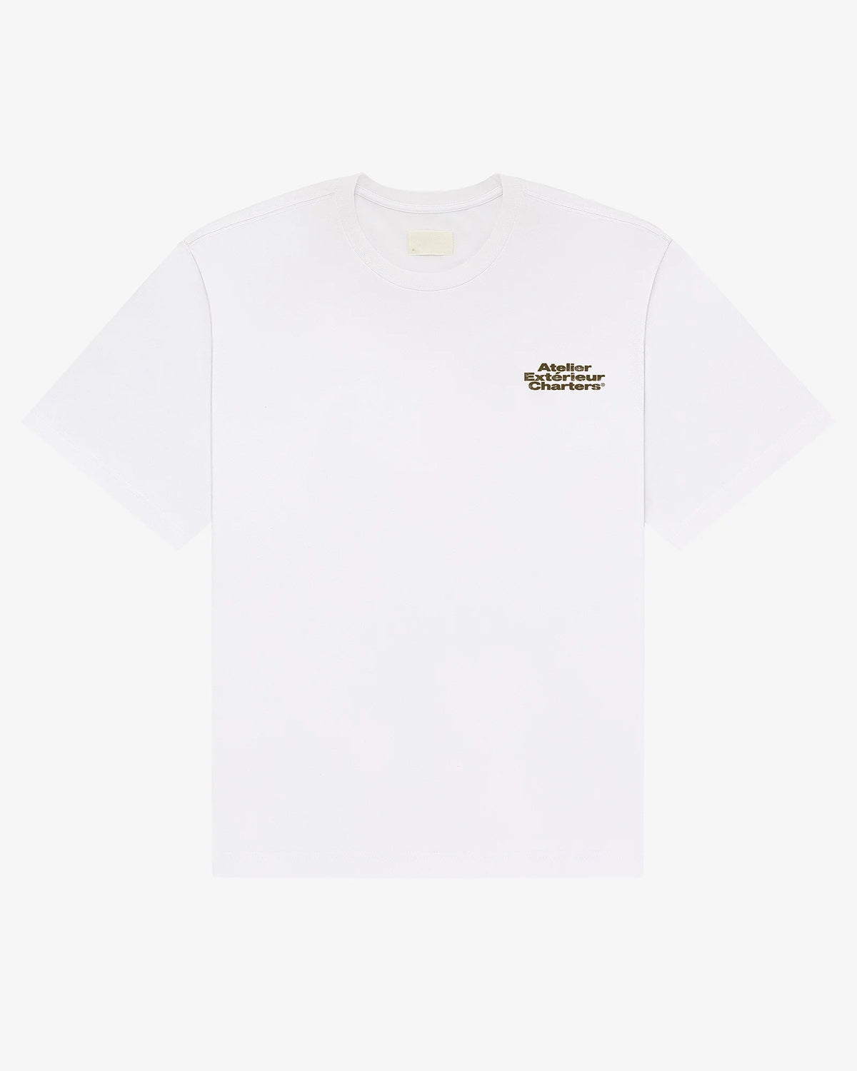 White Charters tee, front view, with a small chest print