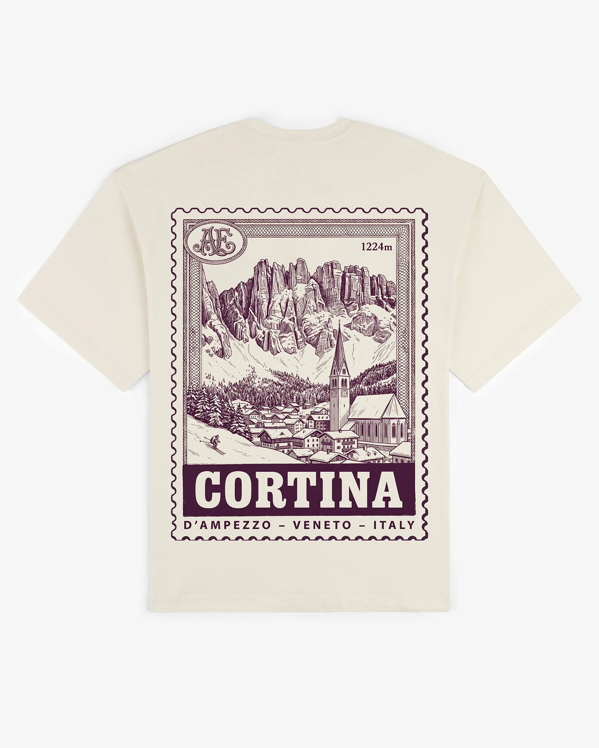 Ecru cotton Cortina tee, back view, with an engraved Cortina d'Ampezzo resort stamp print
