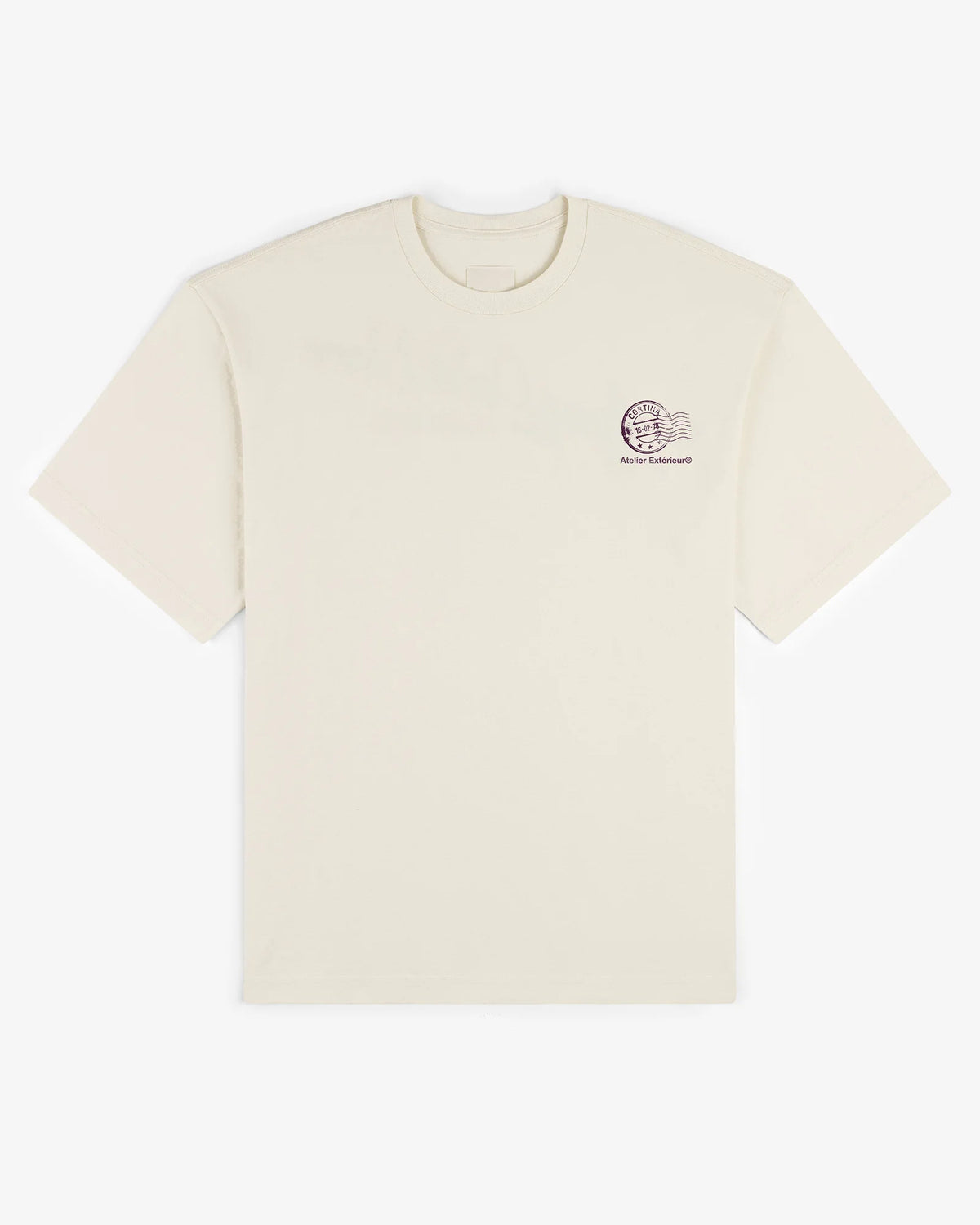 Ecru Cortina tee, front view, with a small chest print