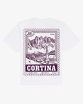 White heavyweight cotton Cortina tee, back view, with an engraved Cortina d'Ampezzo resort stamp print