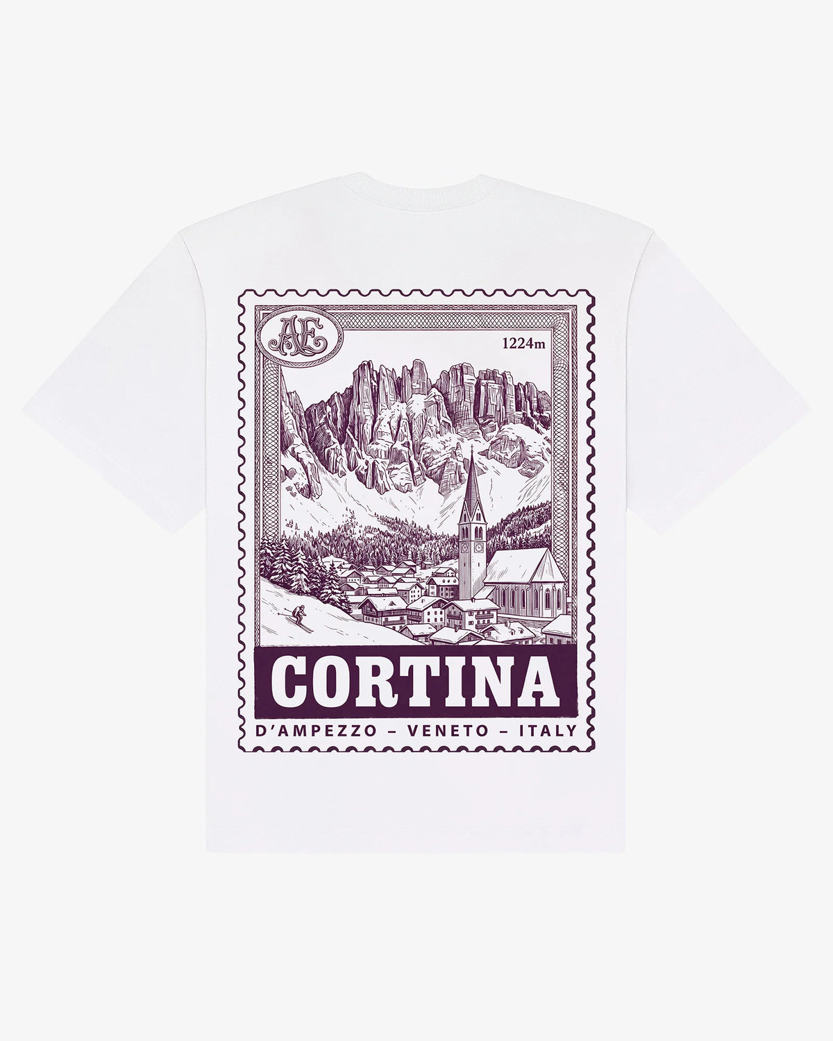 White heavyweight cotton Cortina tee, back view, with an engraved Cortina d'Ampezzo resort stamp print