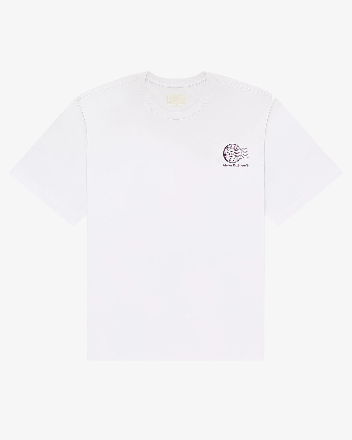 White Cortina tee, front view, with a small chest print