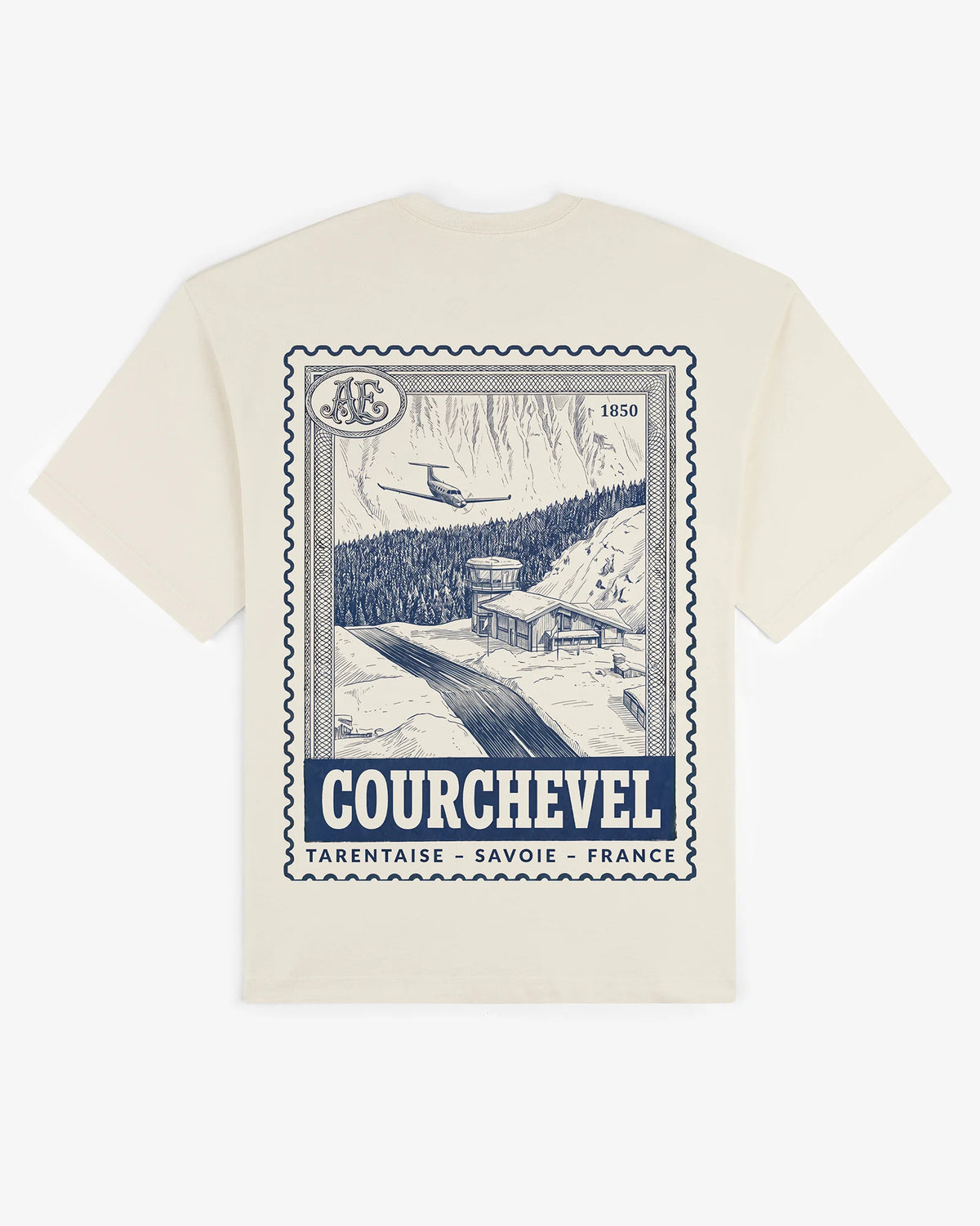 Ecru cotton Courchevel tee, back view, with an engraved Courchevel resort stamp print