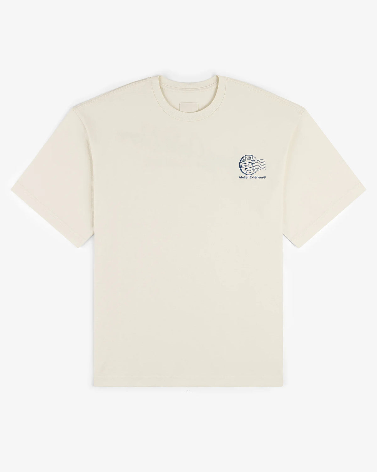 Ecru Courchevel tee, front view, with a small chest print