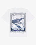 White heavyweight cotton Courchevel tee, back view, with an engraved Courchevel resort stamp print