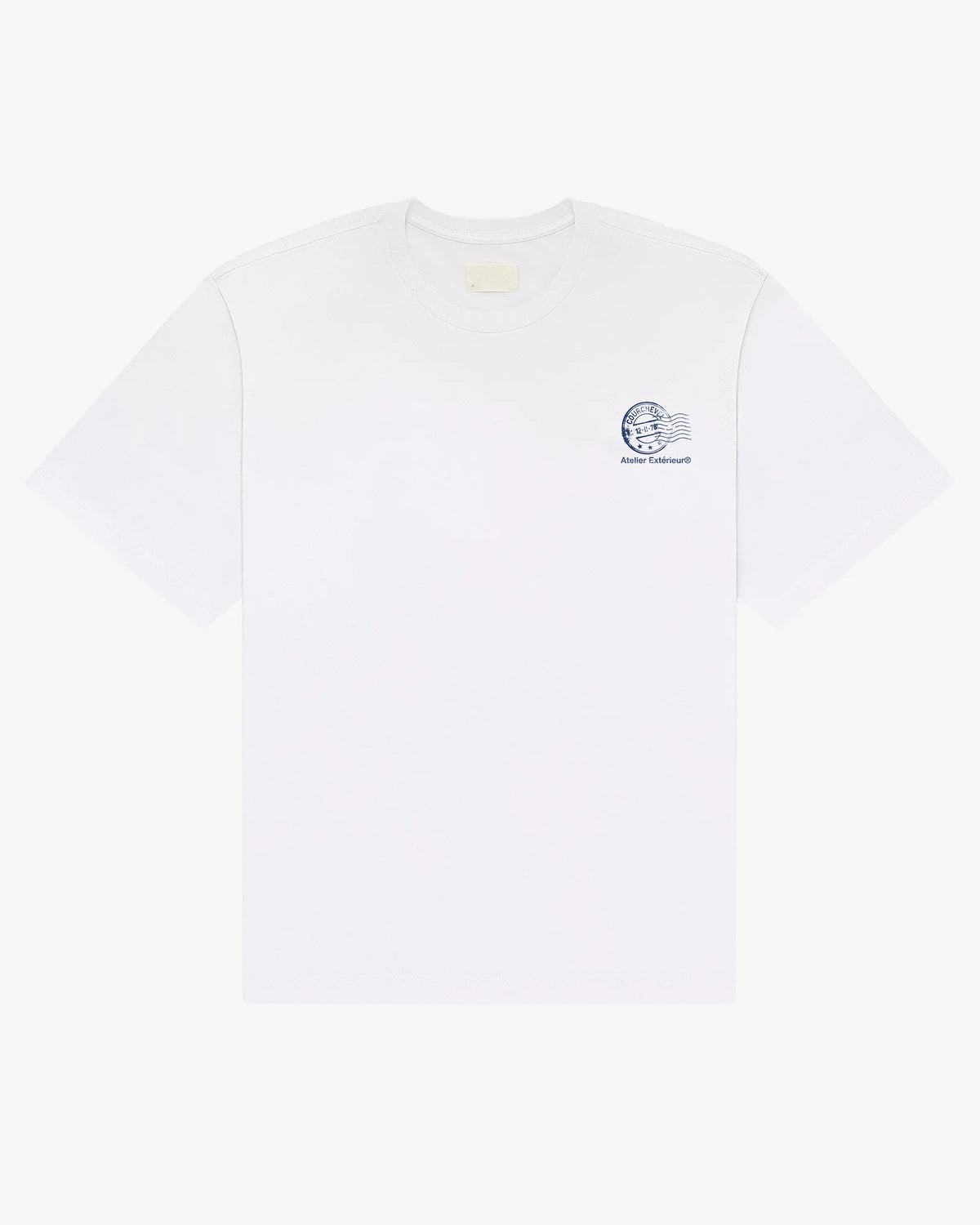 White Courchevel tee, front view, with a small chest print