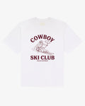 White heavyweight cotton tee, front view, with a Cowboy Ski Club print of a lasso-swinging cowboy on skis