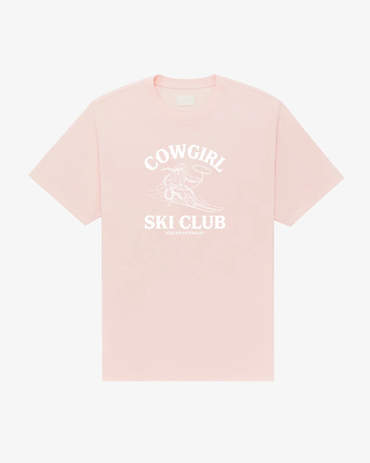 Cowgirl Ski Club women's tee in pink, front view, white cowgirl skier with lasso