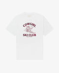 Cowgirl Ski Club women's tee in white, front view, burgundy cowgirl skier with lasso