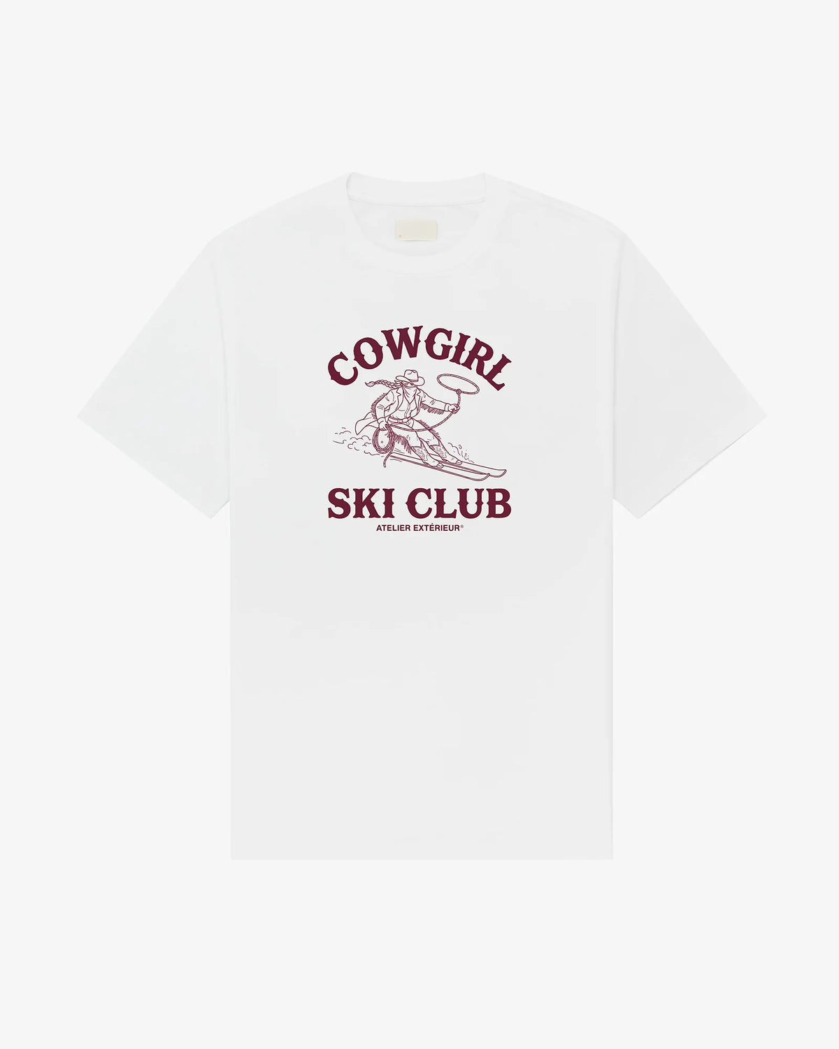 Cowgirl Ski Club women's tee in white, front view, burgundy cowgirl skier with lasso