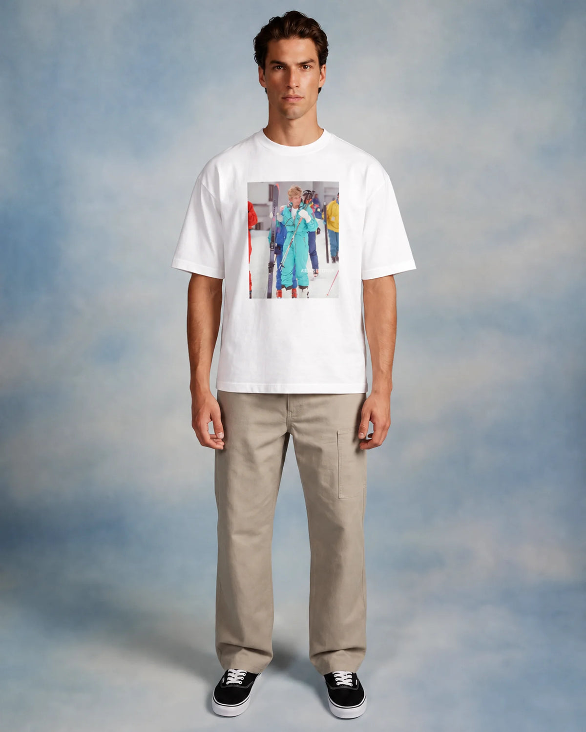 Model wearing the white Diana tee in a studio, front view