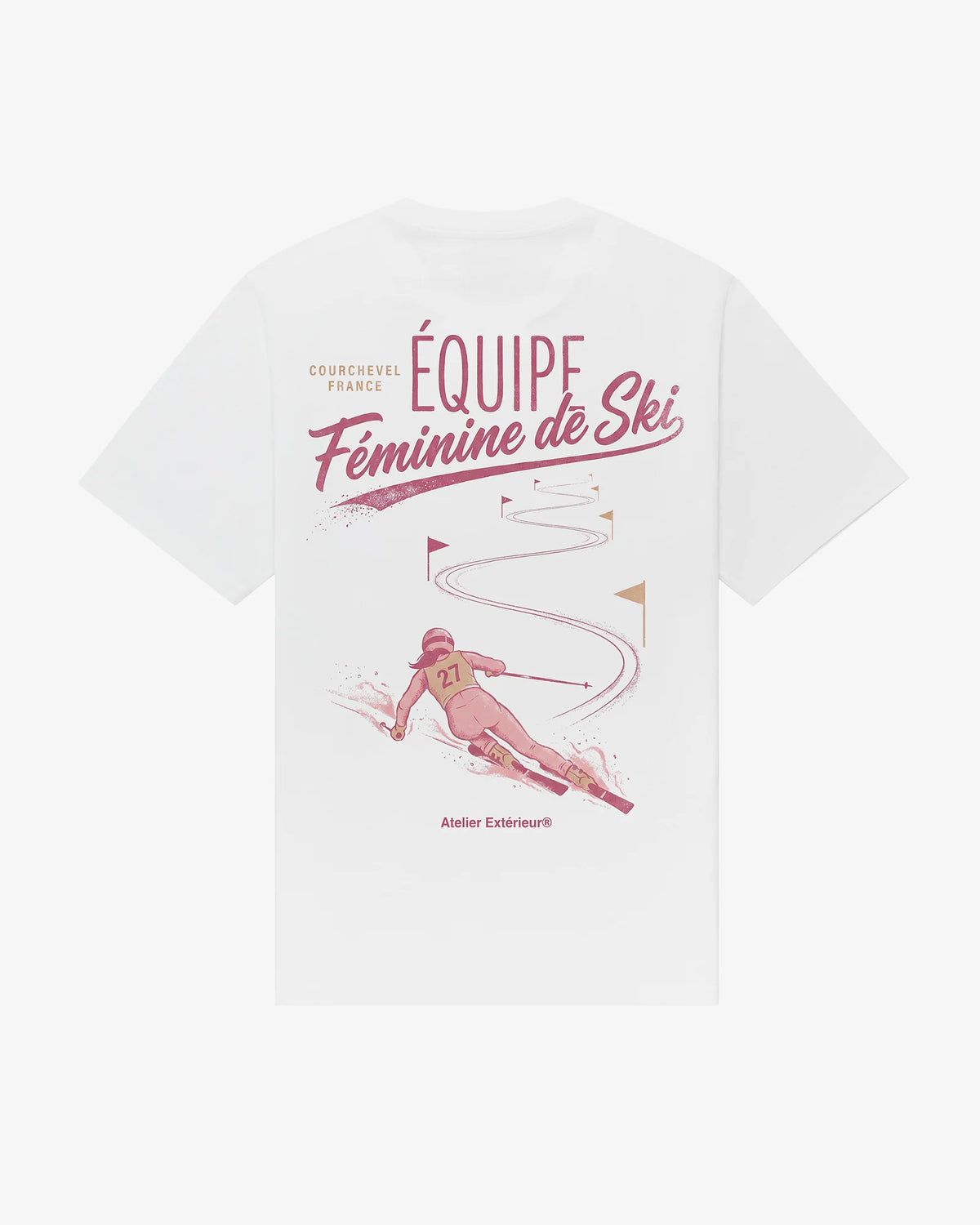 Équipe Féminine de Ski women's tee in white, back view, pink racer between slalom gates under Courchevel race lettering