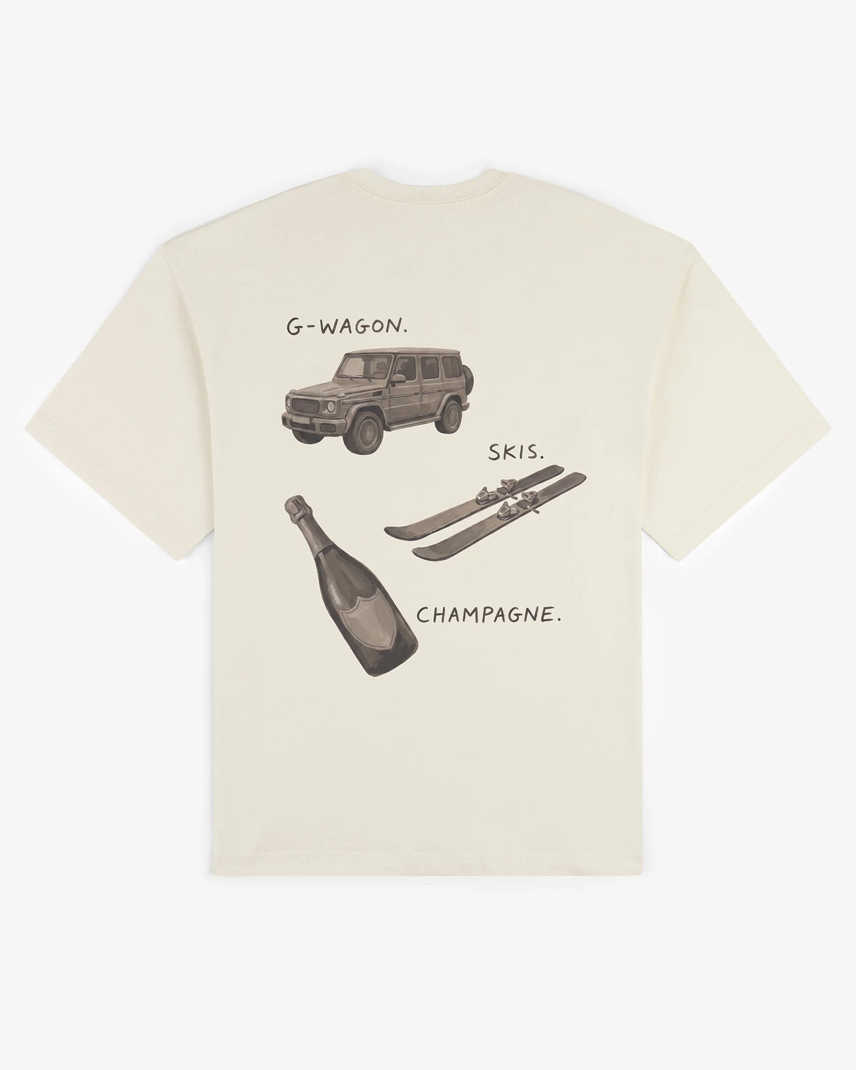 Ecru cotton Essentials tee, back view, with hand-painted illustrations of a 4x4, skis and a champagne bottle