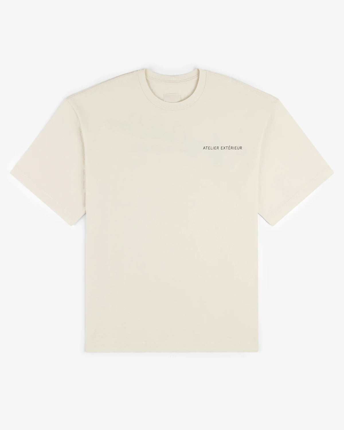 Ecru Essentials tee, front view, with a small chest print