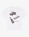 White cotton Essentials tee, back view, with hand-painted illustrations of a 4x4, skis and a champagne bottle