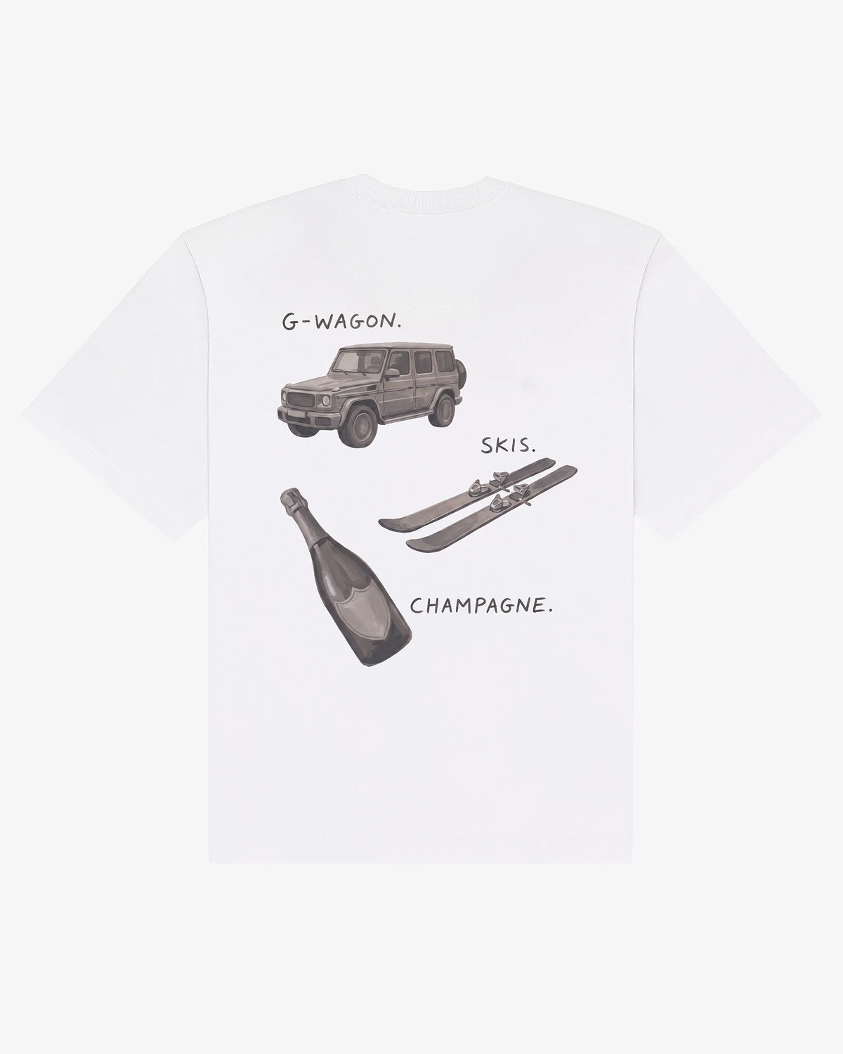 White cotton Essentials tee, back view, with hand-painted illustrations of a 4x4, skis and a champagne bottle