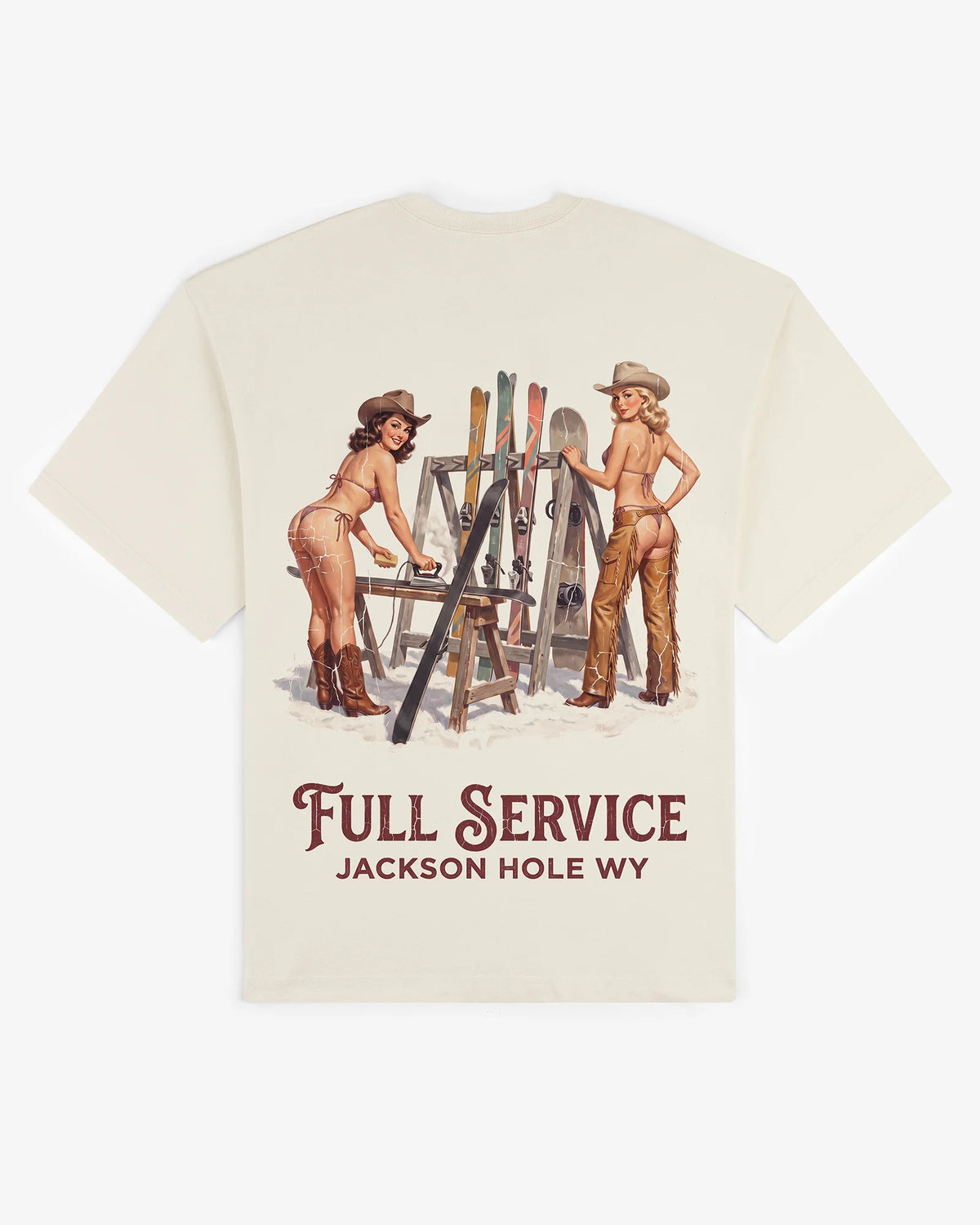 Ecru cotton Full Service tee, back view, with a retro pin-up ski tuning illustration and Jackson Hole lettering
