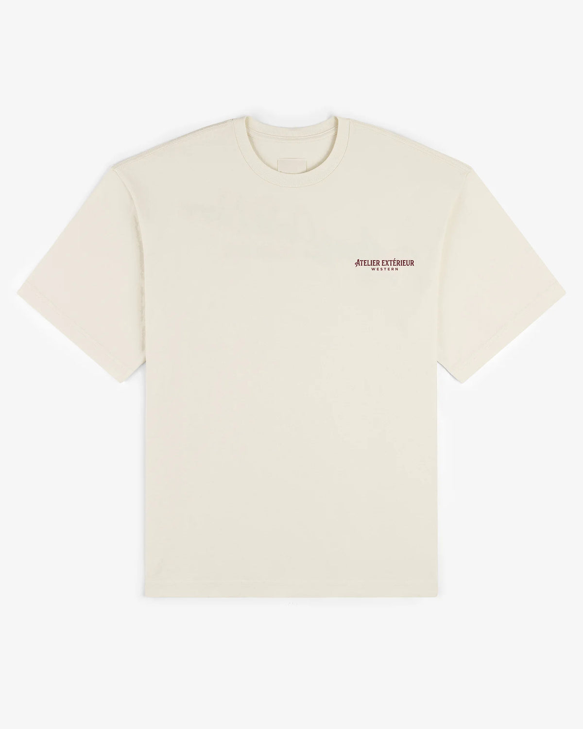 Ecru Full Service tee, front view, with a small chest print