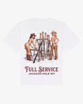 White heavyweight cotton Full Service tee, back view, with a retro pin-up ski tuning illustration and Jackson Hole lettering