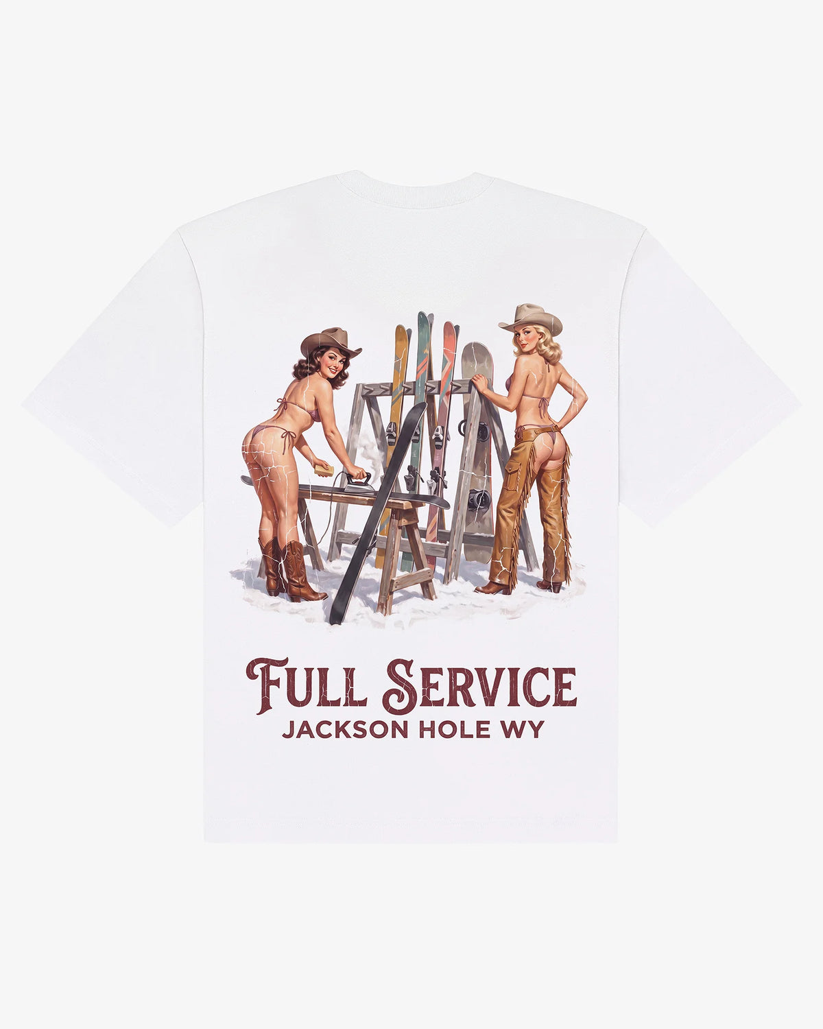 White heavyweight cotton Full Service tee, back view, with a retro pin-up ski tuning illustration and Jackson Hole lettering