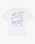 White heavyweight cotton Heli Skiing tee, back view, with a vintage helicopter and expedition club lettering