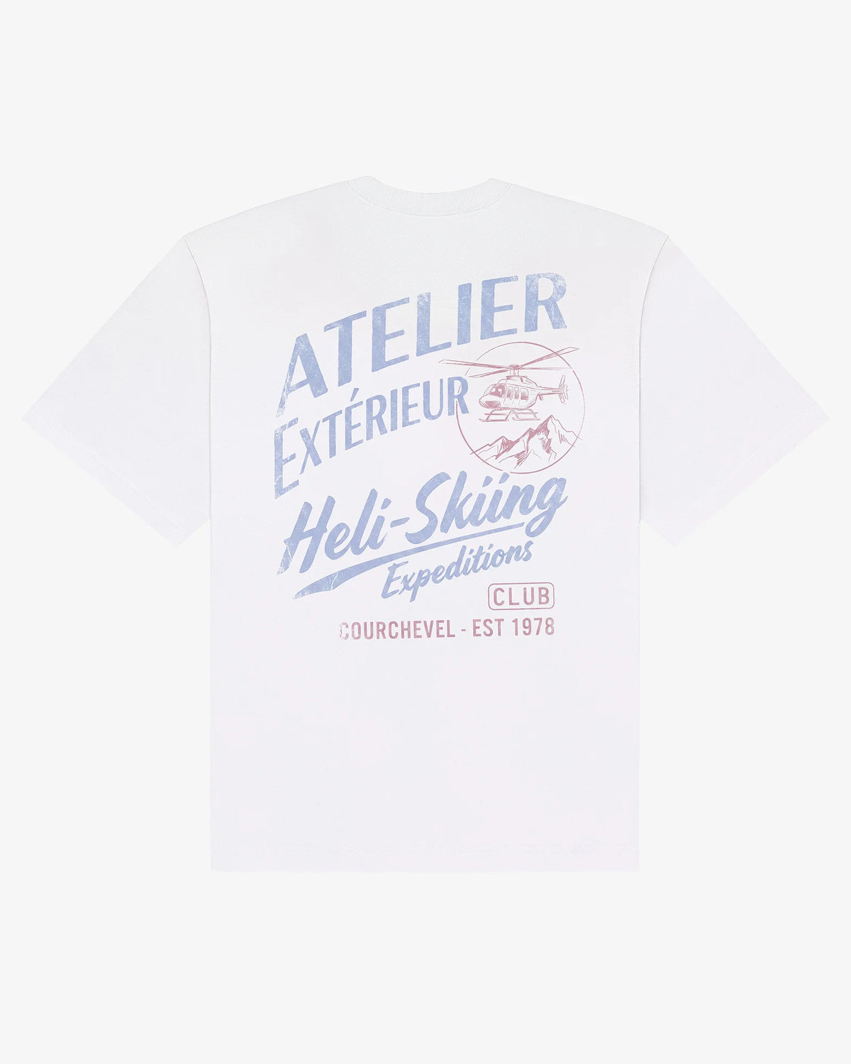 White heavyweight cotton Heli Skiing tee, back view, with a vintage helicopter and expedition club lettering