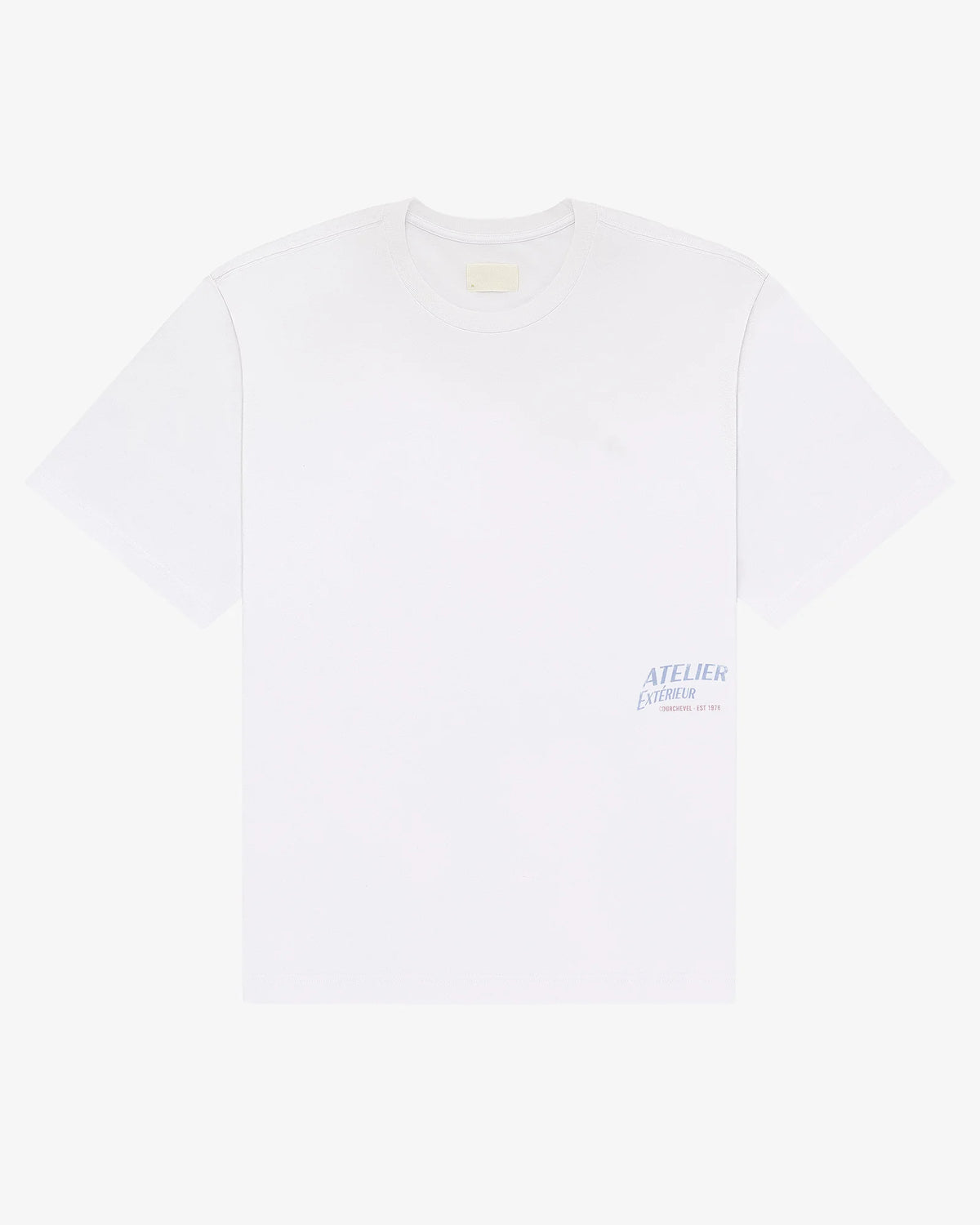 White Heli Skiing tee, front view, with a small chest print