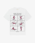 How to Fall women's tee in white, front view, six-panel illustration of how to fall gracefully on skis