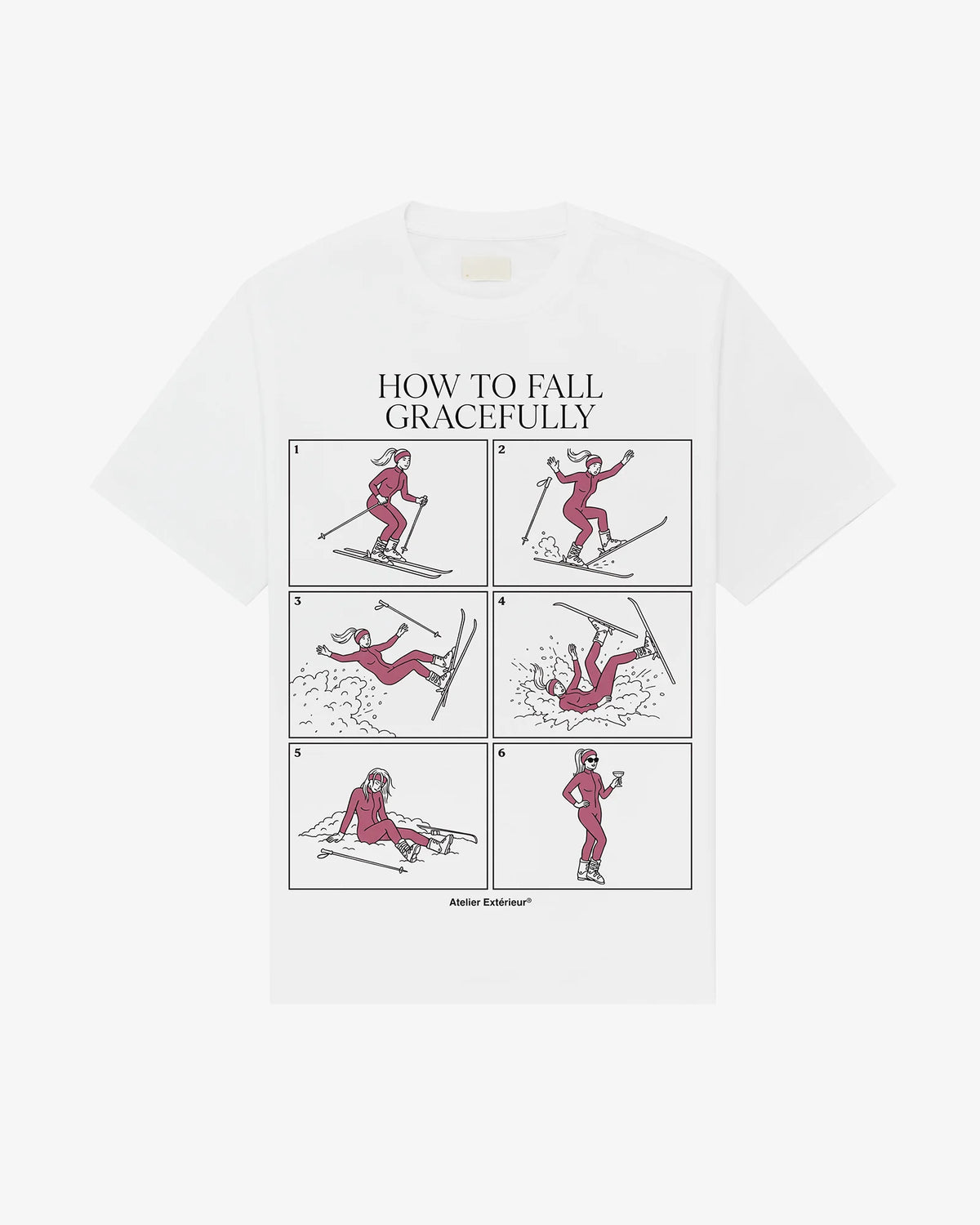 How to Fall women's tee in white, front view, six-panel illustration of how to fall gracefully on skis